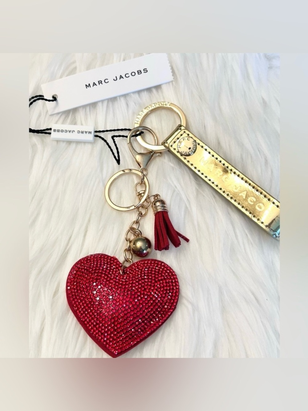 Marc Jacobs Gold Strap Keychain with Sparkle Red Heart keychain NWT